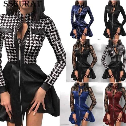 SSEURAT New Autumn And Winter Long-sleeve V-neck Zipper Pu Pocket Short Lace Dress Sexy Printed Womens Clothing 2021