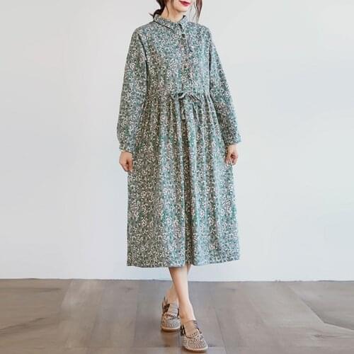 Women Vintage Casual Long Dress New 2020 Autumn Fashion Floral Print Turn-down Collar Loose Ladies Elegant A-line Dresses S2798