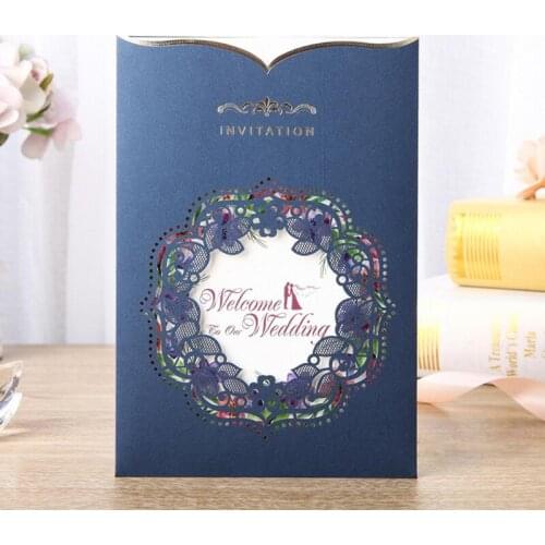 50pcs/lot High Quality Blue Wedding Invitation Card 186*127mm Hollow Lace Flower Laser Arts Event Party Invitations