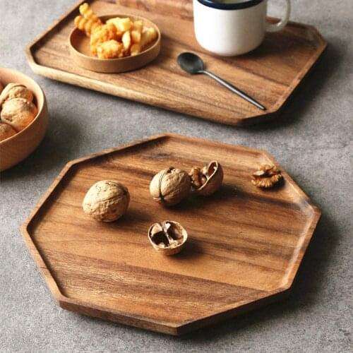 Acacia Wooden Trays Octagon Square Serving Bread Plates For Fruit Salad Platter Vegetable Food Dish Picnic Kitchen Tableware