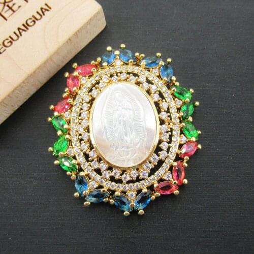 APDGG 38x43mm Virgin Mary White Mop Cameo Shell Gold plated cubic zircon CZ Paved Connector Charms necklace pendant Jewelry DIY