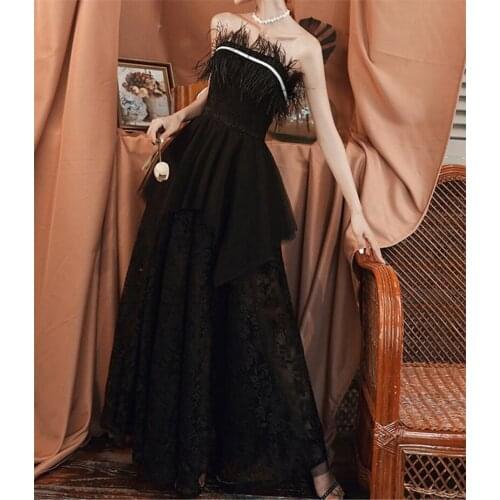 A-Line Strapless Floor-Length Lace Tulle Formal Dress Graduation Black Fethear Dress With Tiered