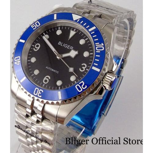 BLIGER Sapphire Crystal Business Mechanical Men Watch Jubilee Bracelet Luminous Dial Seeing Back Screw Crown Ceramic Insert