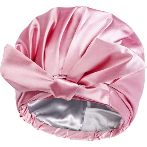 AT69 -Shower Cap Bowknot Double Layer Reusable Bath Hair Caps Adjustable Bath Hair Cap