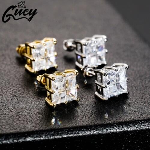GUCY Bling Cubic Zirconal Stone Hip Hop Gold Silver Color Square Stud Earrings for Man Women jewelry Gift Earring