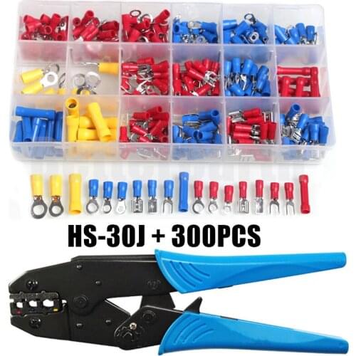 300PCS Insulated Spade Terminals Cable Connector Electrical Wire Crimp Butt Ring Fork Set Ring Lugs Rolled Crimping Plier