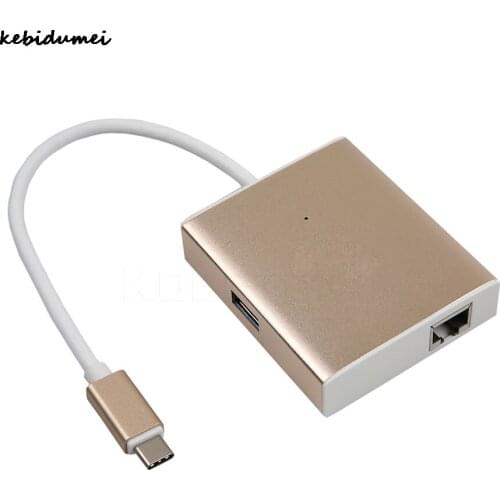 Kebidumei 1pc Fast Speed USB 3.0 Type-C to RJ45 Lan Card Gigabit Ethernet Network Adapter+2 Port Hub for Macbook