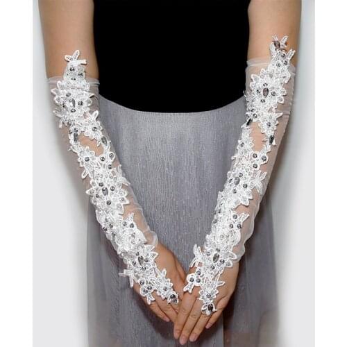 Elegant Beaded Lace Satin Long Bridal Gloves Charm Fingerless Wedding Gloves White drawing Wedding Accessories guanti tulle