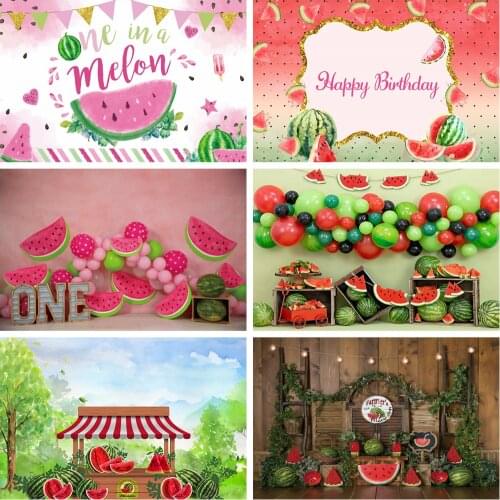Laeacco Summer Watermelon Tropical Palms Tree Wooden Board Baby Portrait Photo Background Photography Backdrop Photo Studio