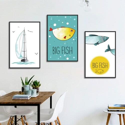 Cute Cartoon Hanging Wall Art Big Fish Sailboat Print Picture Canvas Painting Home Decor Poster For Living Room Bedroom