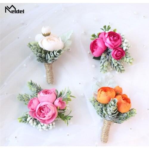 Meldel Rose Bud Wrist Corsage Hand Flower Man Boutonniere Artificial Tea Rose Silk Wrist Bracelet Bridesmaid Wedding Prom Brooch