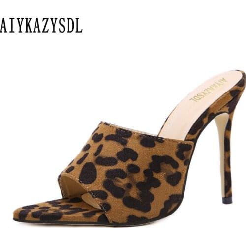 BIGTREE Women Mules Leopard Print Pointed Open Toe Slides High Heel Stilettos Summer Sandals Spring Dress Clubwer Fetish Shoes