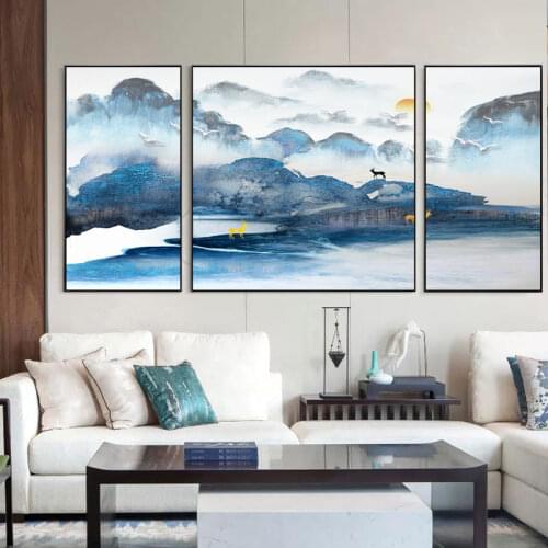 New Chinese Style Golden Abstract Landscape Canvas Poster Prints Mountains Wall Art Pictures For Living Room Bedroom Home Decor