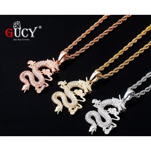 GUCY New Animal Dragon Necklaces & Pendant 4mm Tennis Chain Bling Cubic Zircon Mens Hip hop Necklace Jewelry