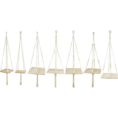 Macrame Plant Hanger with Square Wooden Plate Tray Woven Cotton Rope Hanging Planter Shelf Flower Pot Holder Stand Rack Bohemian