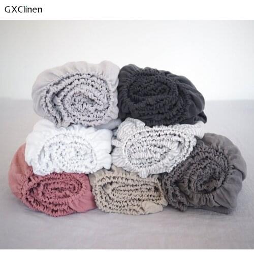 Fitted Sheet Depth 40cm 100% Flax Linen US Size Solid Mattress Cover with all-around Elastic Rubber Band Bed Sheet Customized