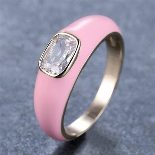 Luxury Female Blue Pink Green Enamel Ring Cute Gold Color Wedding Band Vintage Square Zircon Stone Engagement Rings For Women