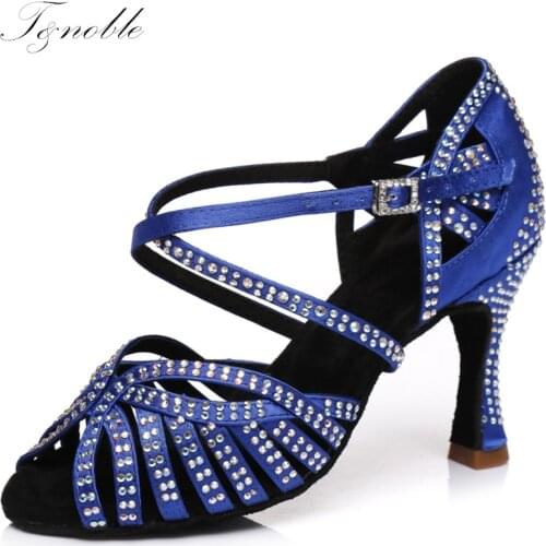 Dance Shoes Women Latine Blue Square Sandals Cuba Shining Colorful Rhinestones Diamond Soft Bottom Summer Girls High Heels L394