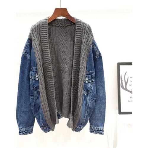Womens autumn winter casual loose yarn knitted patchwork denim jacket female high waist plus size jean jacket TB805