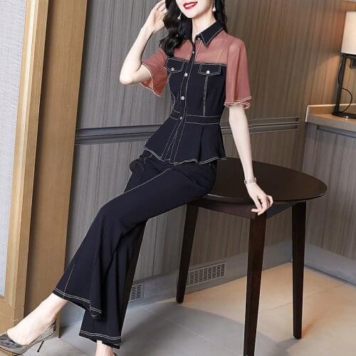 Fashion Women Sets Spring Summer Short Sleeve Patchwork Shirt And Wide Leg Pants Tooling 2PCS Ladies Elegant Pants Suit H240