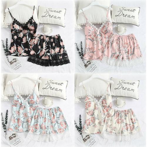 Hirigin Flower Women Pajama Sets Lace Patchwork Fashion Sleepwear Nightwear 2020 New Summer Fits Silk Nightwear 2 Piece Set Hot