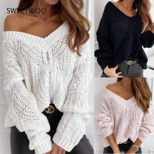 Women Solid Hollow Out Ribbed Knitted Sweater 2021 Autumn Winter V Neck Tops Casual Female Long Sleeve Loose Pullover Sweater