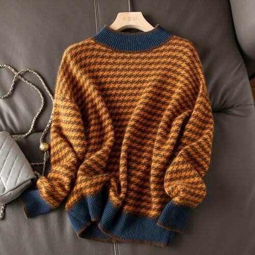 2021 Autumn Winter Pullover Sweater Women High Quality Loose Knitted Jumpers Female Soft Cartoon Print Half Turtleneck Sweaters