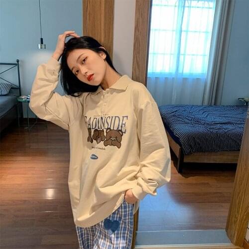 Winter Clothes Women Turndown Collar Cartoon Print Sweatshirt Long Sleeve Streetwear Women Kawaii Pullovers Loose Hoodies