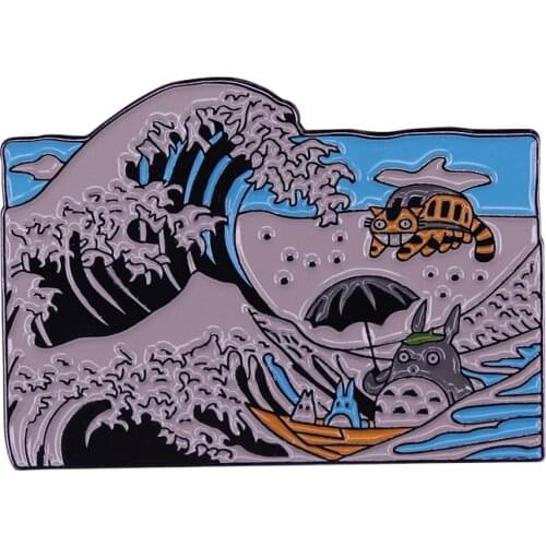 Totoro Cat bus and forest spirits ride the Great Wave off Kanagawa Pin Badge