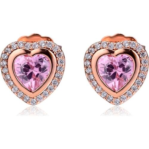100% 925 Sterling Silver Earrings Rose Love Heart with Clear CZ Free Shipping