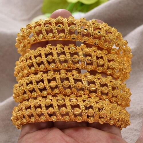 4Pcs/lot Gold Color Bangles For Women Dubai Bride Wedding Cuff Bracelet Africa Bangles Jewelry Gold Charm Bracelet party gifts