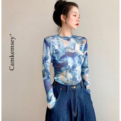 CamKemsey Spring Long Sleeve T-Shirts Women 2020 New Personality Painting Printed See Through Mesh Tee Shirts High Quality