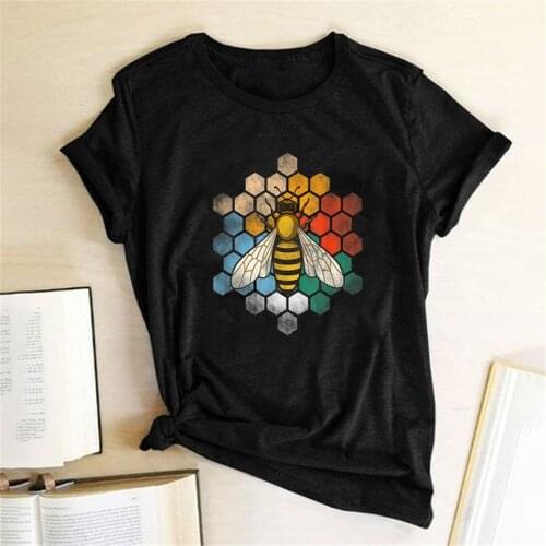 Bee Colorful Honeycomb Print T-shirts Women Summer 2020 Woman Tshirts Graphic Harajuku Tops Crew Neck Cotton Camisetas Mujer