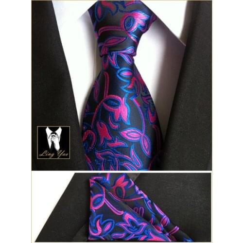 Tie Hot Sale 8cm Designer Necktie SET Black Background Luxury Purple Woven Paisley Ties with Handkerchief