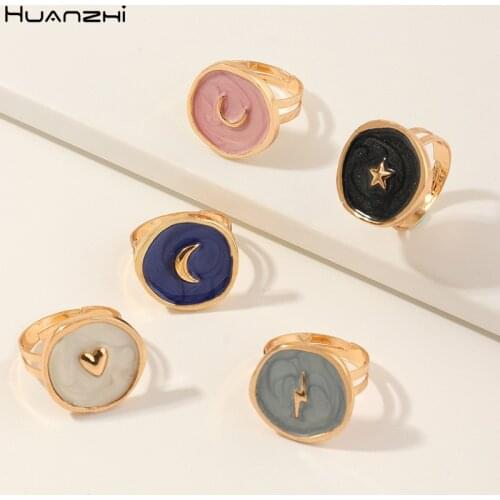 HUANZHI 2020 New Simple Enamel Star Moon Heart Drop Oil Lovely Round Metal Finger Rings for Women Girls Jewelry Party Gifts