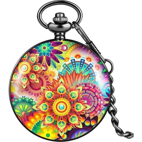 Colorful Datura Gorgeous Pattern Womens Black Pocket Watch Arabic Numerals Quartz Dial Practical Clock Pendant Gift For Lady