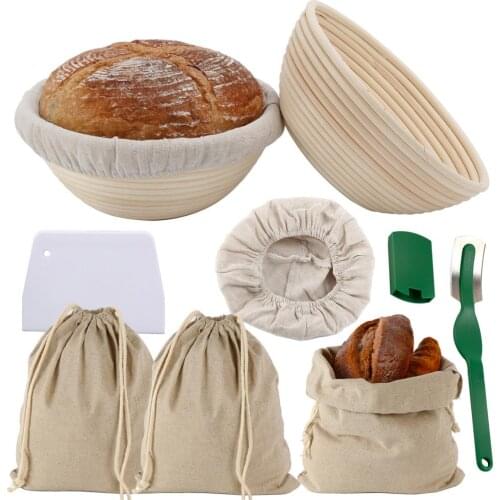 Round Rattan Bread Proofing Basket Bread Baking Mold Tools Pack 2 Bannetons Proving Basket with Cloth Liner Storage Bags Scraper