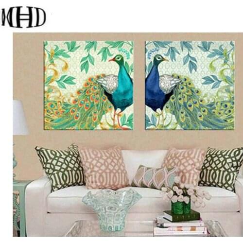 MHD New diy diamond painting peacock two picture decoration, full & square / round diamond embroidery mosaic 1 set 2 pieces