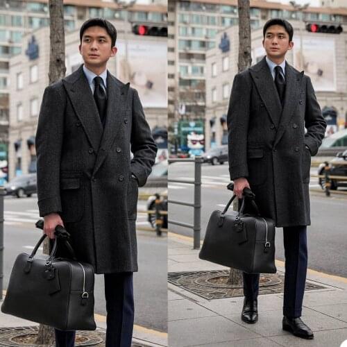 Woolen Men Long Coat Smart Casual Double Breasted Peaked Lapel Blazer Japanese Style Business Causal Daily Jacket