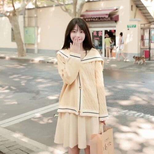 Solid Patchwork Women Knit Cardigan 2021 Winter Full Sleeve Sailor Collar Sweet Warm Coat Korean Fashion Female Jumpers Soft Top