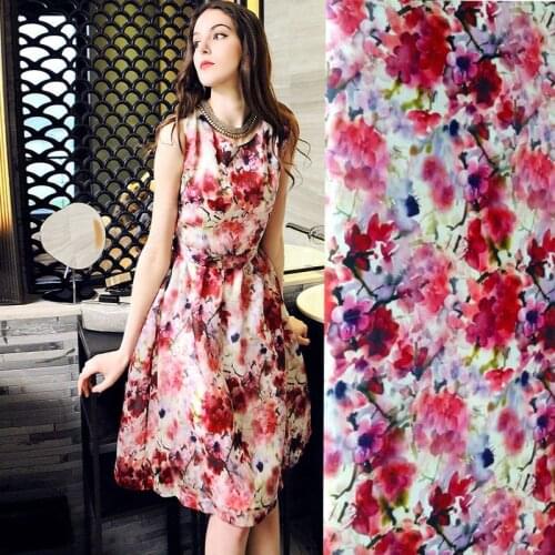 By Meter Red Floral Printed Elastic Real Natural Silk Satin Summer Dress Fabric