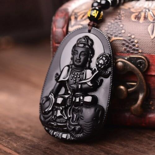 Samantabhadra Patron Saint Necklace Black Obsidian Carved Buddha Lucky Amulet Pendant Necklace For Women Men pendants Jewelry