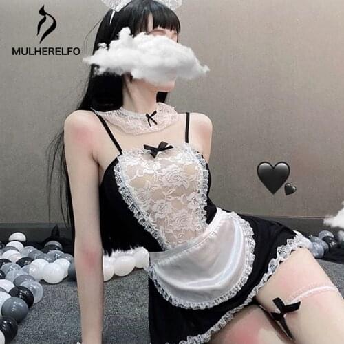Sexy Lace Sling Maid Dress Set Women Nightdress Embroidery Patchwork Bow Sleepwear Female Nightwear Erotic Maid Uniforms Suit