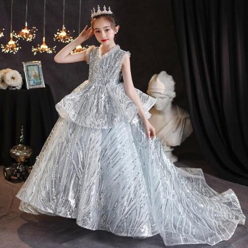 High-End Children Sequines Trailing Sleeveles Evening Gown Kids Catwalk Birthday Party Princess Dresses For Girls Vestidos L1164