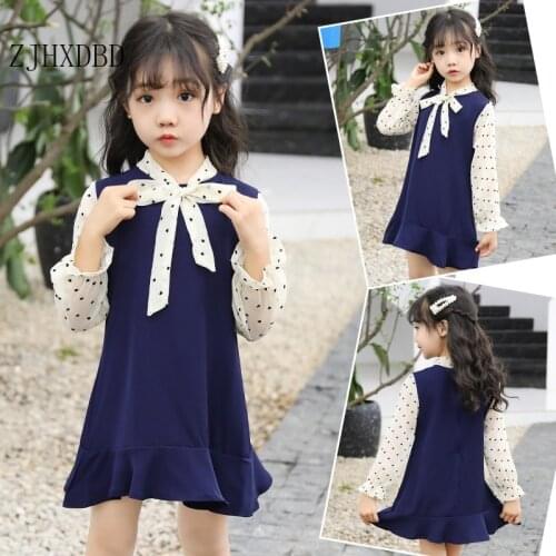 Spring Pretty New Teen Girls Dresses Cute Bow Tie Girl Clothes Cute Simple Style Full Sleeve Blue Dress Sweatshirt Clothing 4-16