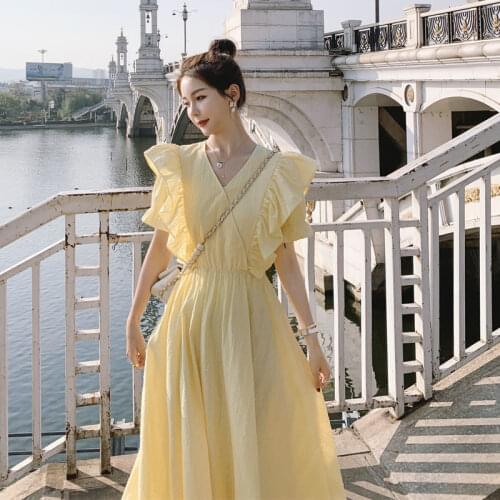 French Sweet Summer Dresses New Korean Thin Women V-Neck Short Sleeve Dresses Female Fashion A-Line Dress LJ3252