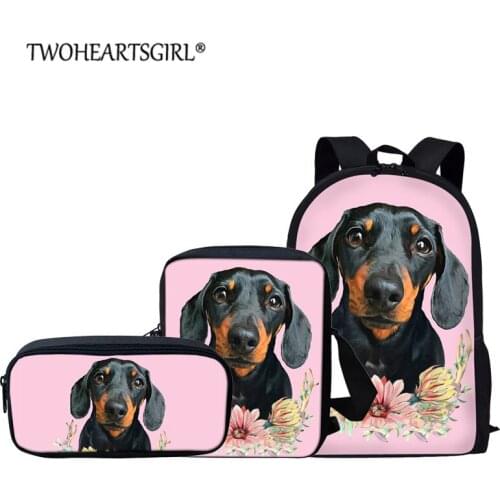 Twoheartsgirl Greek Hound/Dachshund School Bag Teenager Kids Animal Dog Pattern Backpack Elementary Primary Bookbags 3Pcs/set
