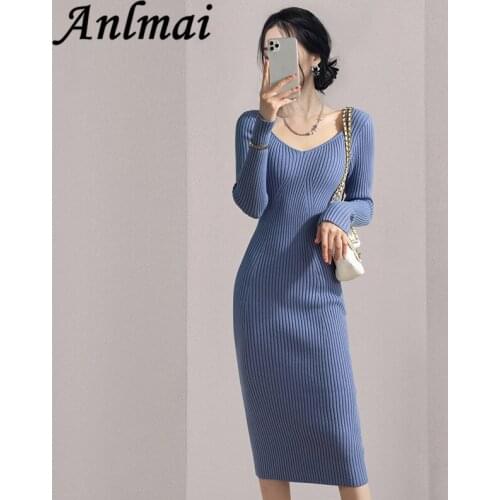 Sexy V-Neck Knitted Dress Women Elastic Warm Dress Autumn Winter Fashion Sweater Bodycon Dress Vestidos
