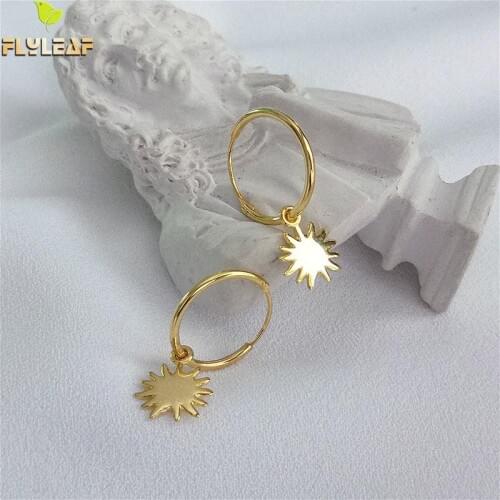 Flyleaf Circle Sun 18k Gold Earings Fashion Jewelry Drop Earrings For Women Real 925 Sterling Silver Fine Jewelry Huggies
