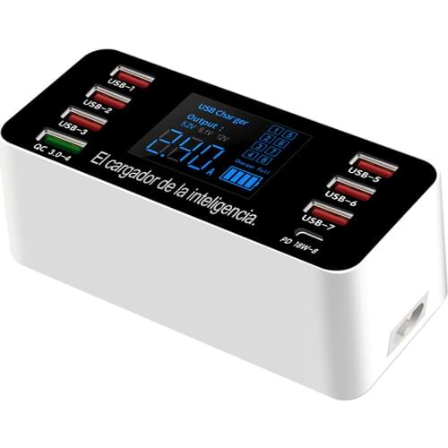 AIXXCO 60W USB Charger PD Tpye c QC3.0 Fast Charge Desktop Adapter 8 Port Smart LED USB Charge Station for iPhone 11